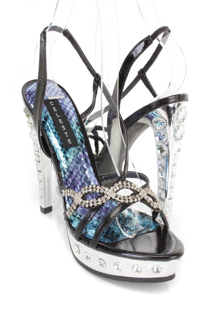 Black Rhinestone Strappy High Heels Faux Leather