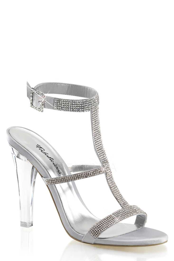 Silver Rhinestone T Strap Satin High Heels