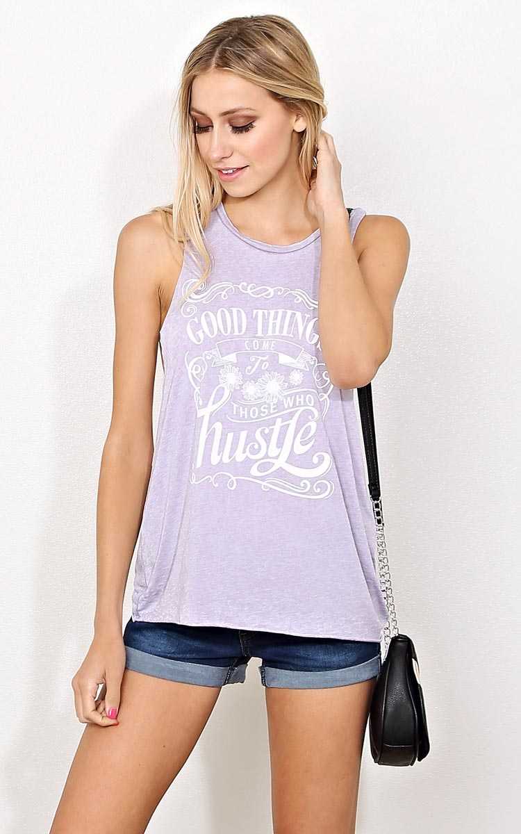GOOD THINGS COME Graphic Muscle Tank - - Dusty Plum in Size by Styles For Less