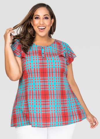 Flutter Sleeve Plaid Top