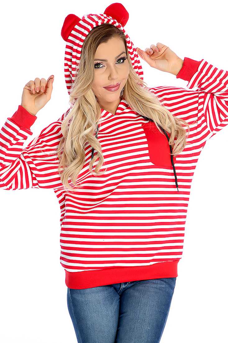 Casual Red White Stripe Print Hooded Sweater