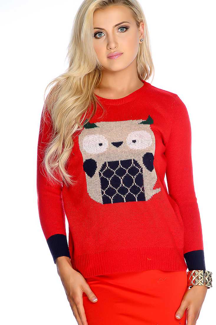 Red Long Sleeve Knitted Owl Casual Sweater Top