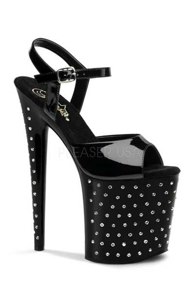 Black Patent Strappy Rhinestone Platform High Heels