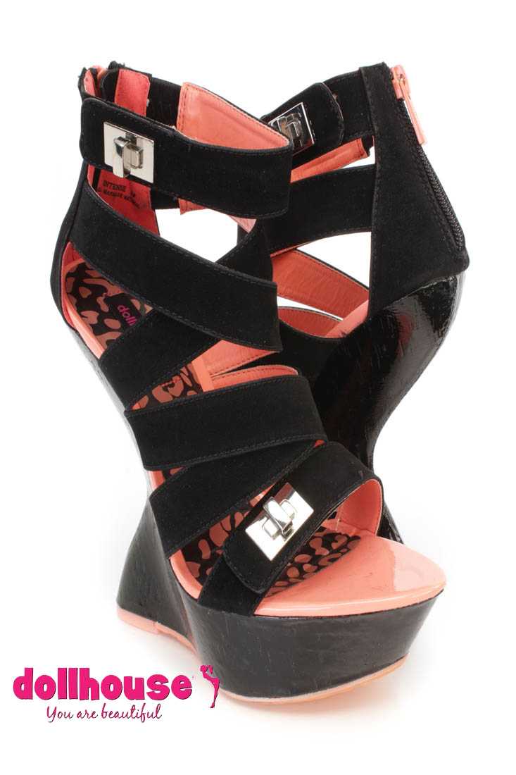 Black Cross Strappy Anti Gravity Wedges Faux Suede