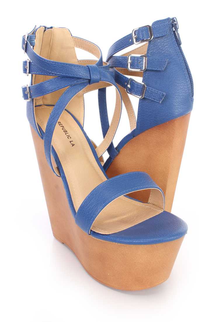 Blue Strappy Faux Wooden Platform Wedges Faux Leather
