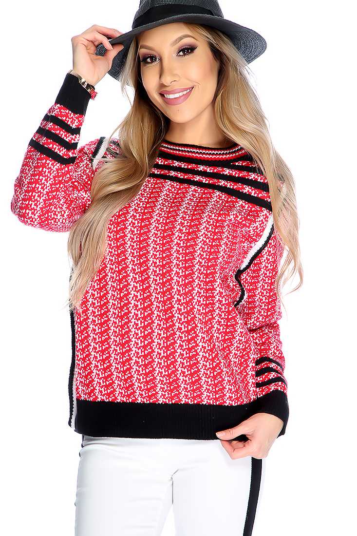 Red White Colorblock Knitted Design Sweater Top