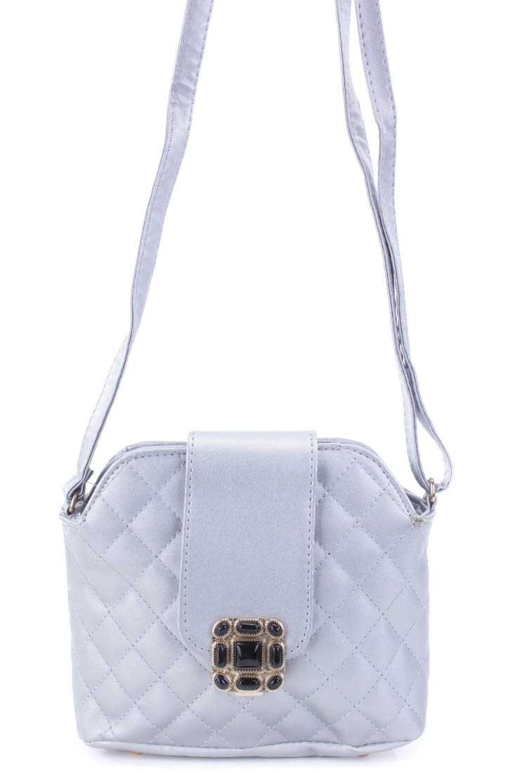 Grey Quilted Faux Leather Mini Handbag