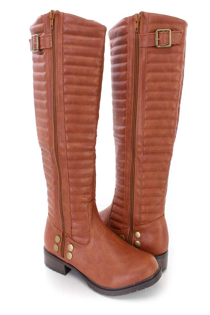 Cognac Stitched Shaft Riding Boots Faux Leather