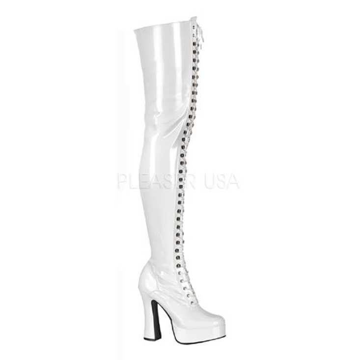 White Lace Up Thigh High Boots Patent