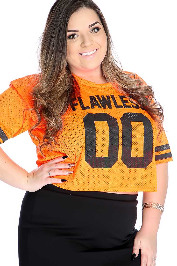 Neon Orange Graphic Design Perforated Casual Plus Size Top