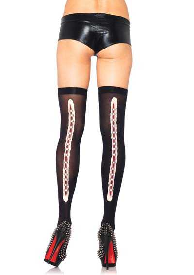 Black Opaque Latex Stapled Wound Back Seam Thigh Highs