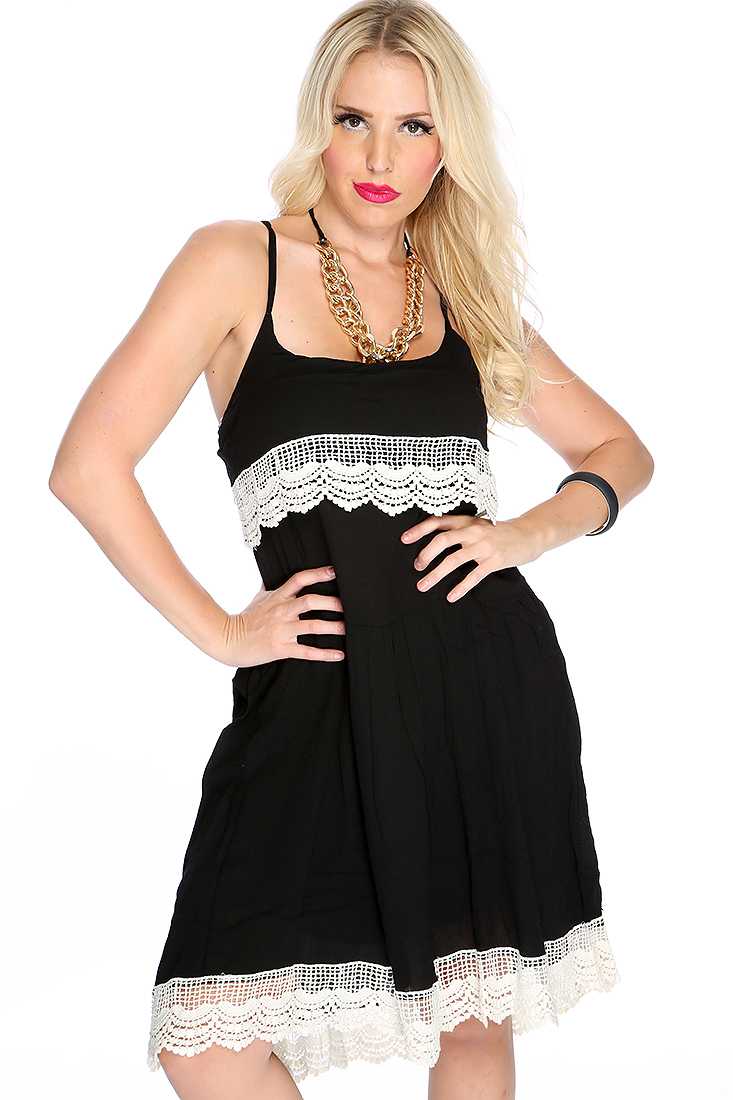 Sexy Black Scallop Crochet Strapppy Casual Dress