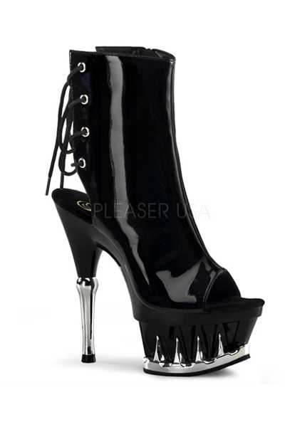 Black Patent Lace Up Carved Platform Booties