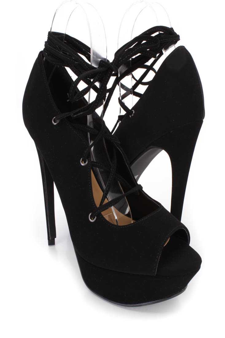 Black Peep Toe Lace Up High Heels Nubuck