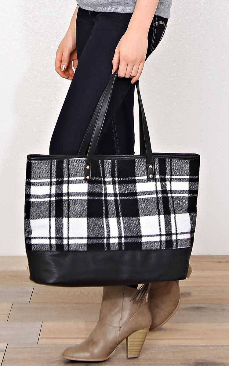 Plaid Reversible Tote Handbag - Black/White by Styles For Less