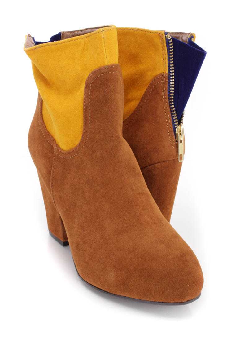 Rust Two Tone Western Style Ankle Booties Faux Suede