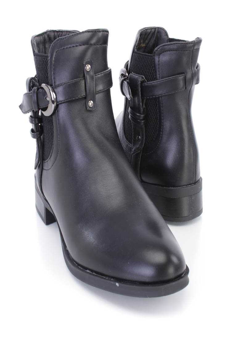 Black Strappy Fitted Ankle Booties Faux Leather