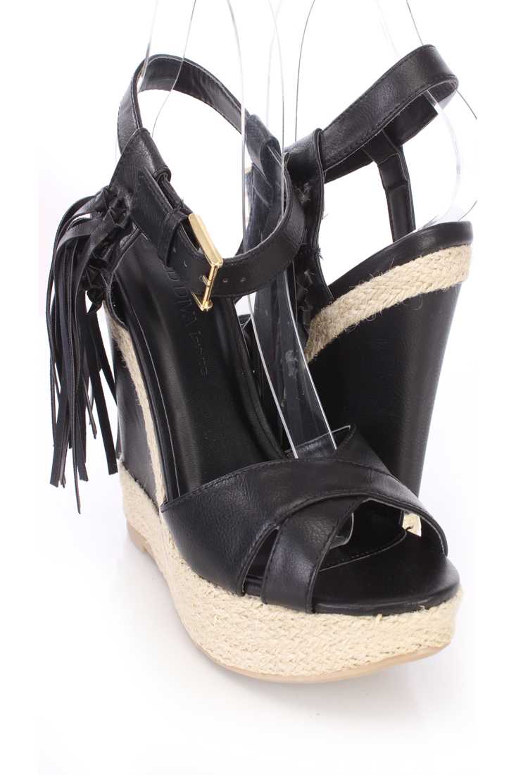 Black Tassel Cross Strap Espadrille Wedges Faux Leather