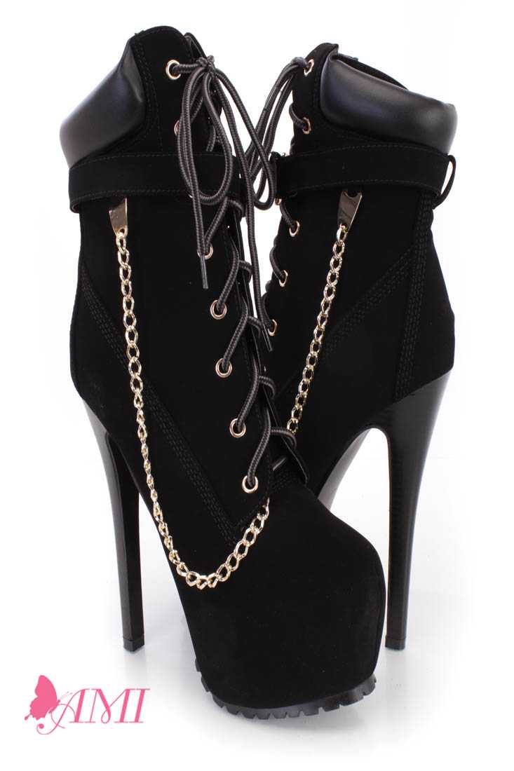 Black Lace Up Chain Strap Platform Booties Nubuck