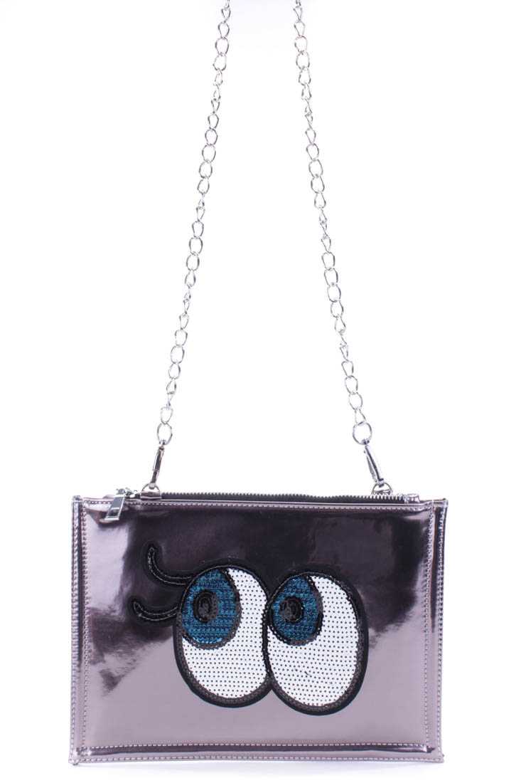 Gun Metal Sequence Eye Chain Ling Strap Handbag