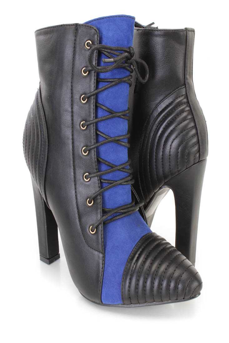 Navy Lace Up Pointed Toe Ankle Booties Faux Leather