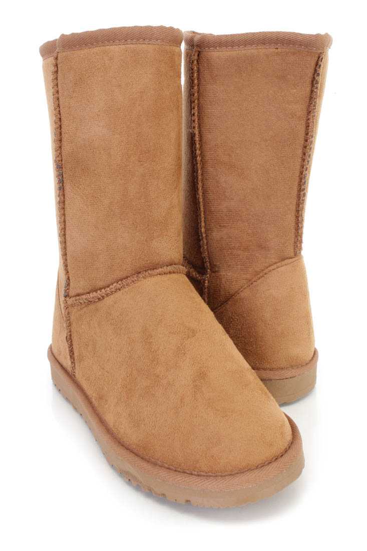 Chestnut Slip On Casual Comfy Boots Faux Suede