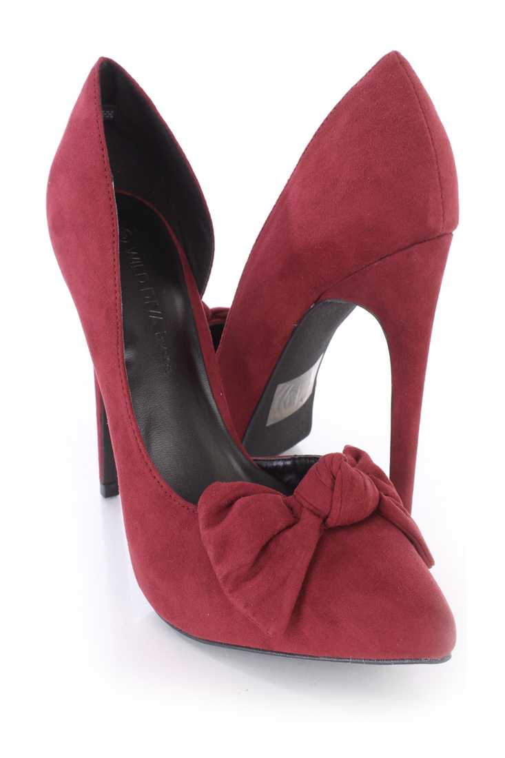 Oxblood Pointed Toe Bow Tie D-Orsay Heels Faux Suede