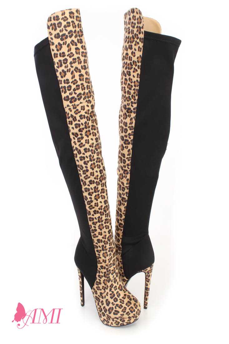 Leopard Print Thigh High Platform High Heel Boots Faux Suede