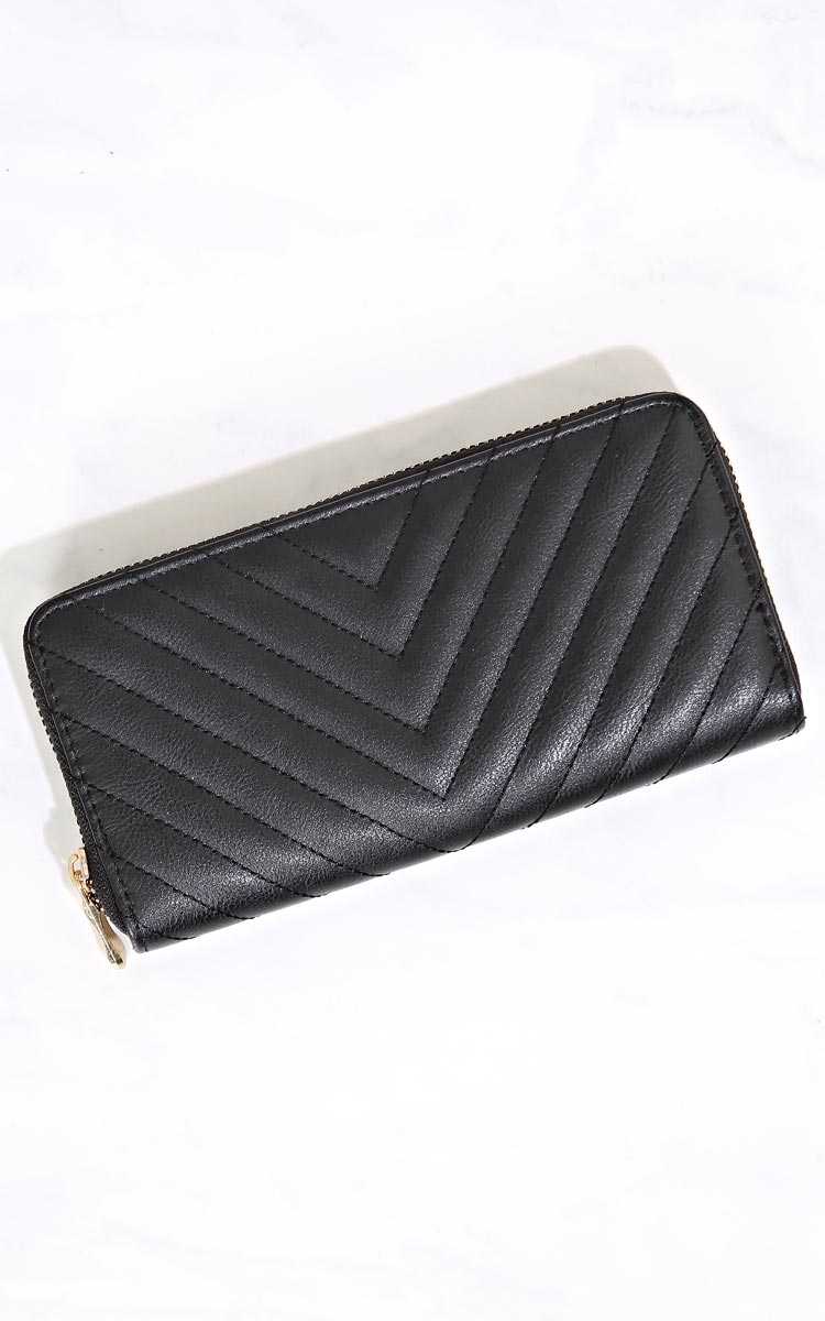 Chevron Quilted Zip Around Wallet - N/S - Black by Styles For Less