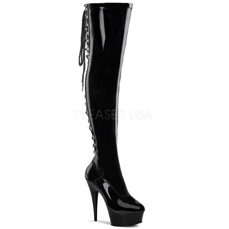 Black Patent Lace Up Thigh High Boots