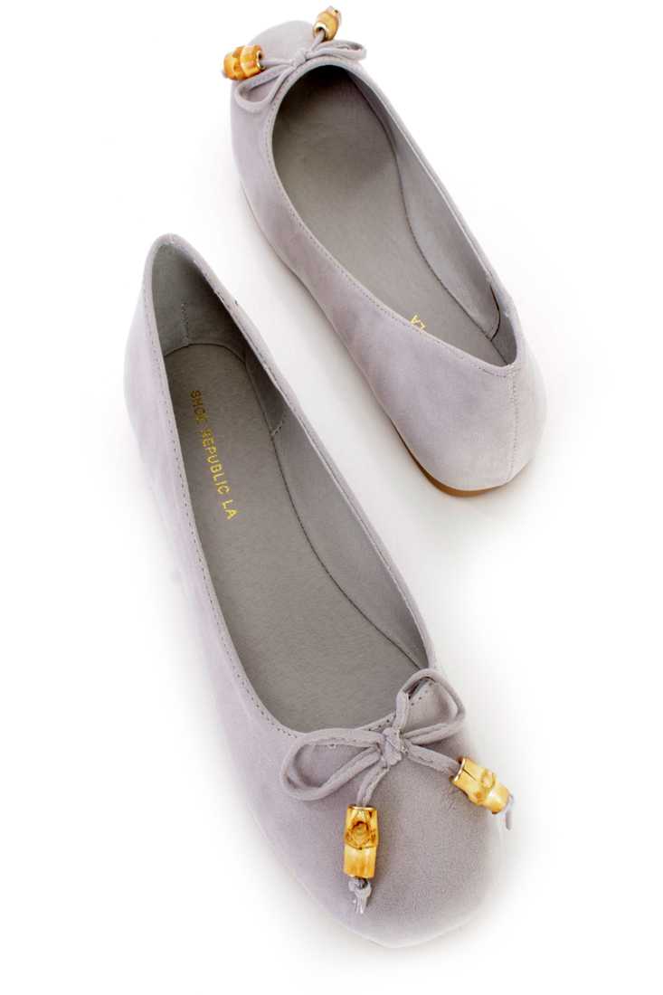 Grey String Bow Tie Ballet Flats Faux Suede