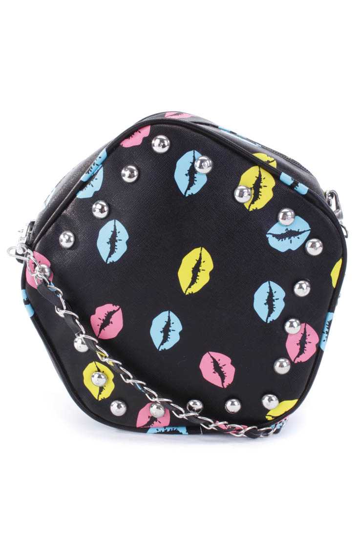 Black Studded Lip Pattern Chainlink Faux Leather Strap Handbag
