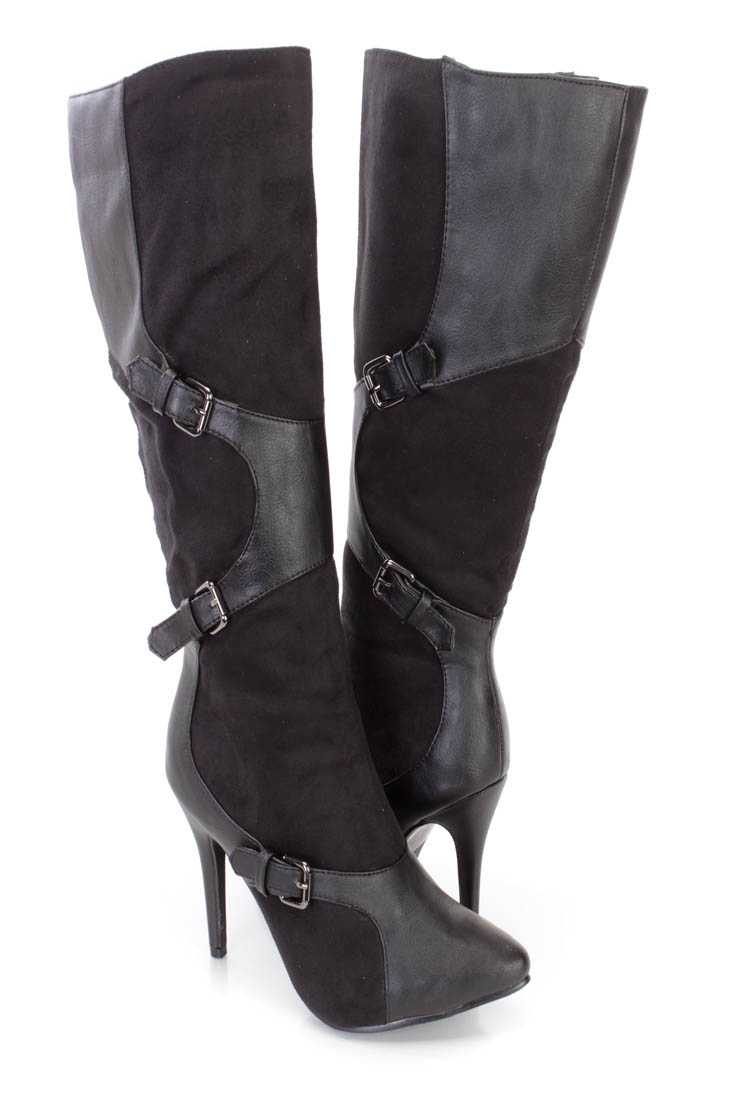 Black Buckle Accent Pointy Toe High Heel Boots Faux Suede