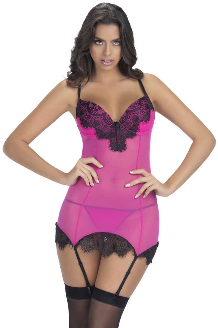 Hot Pink Black Lace Two Tone Chemise Sexy Lingerie 2Pc. Set