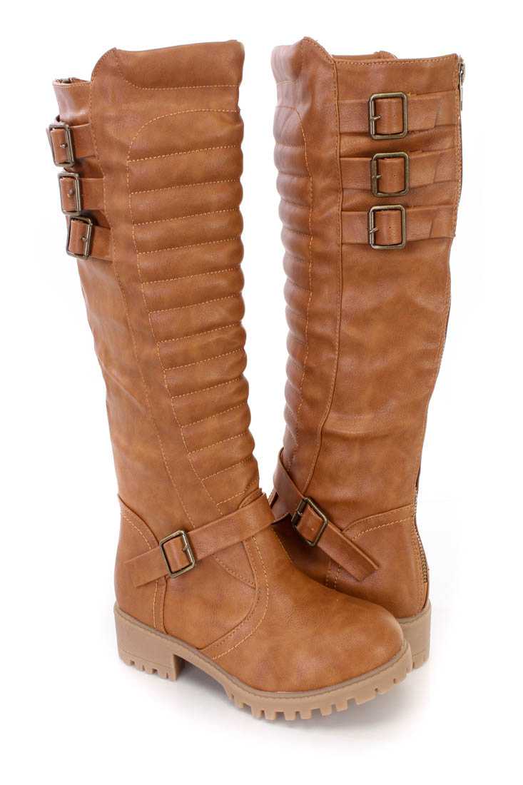 Camel Knee High Round Close Toe Ridding Boots Faux Leather