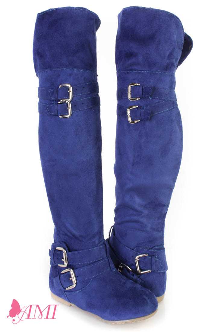 Royal Blue Buckle Accents Thigh High Flat Boots Faux Suede