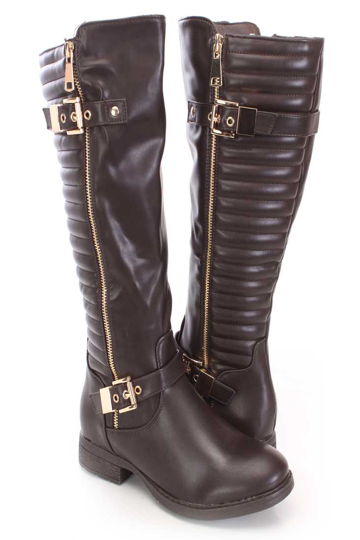 Brown Mid Calf Riding Boots Faux Leather