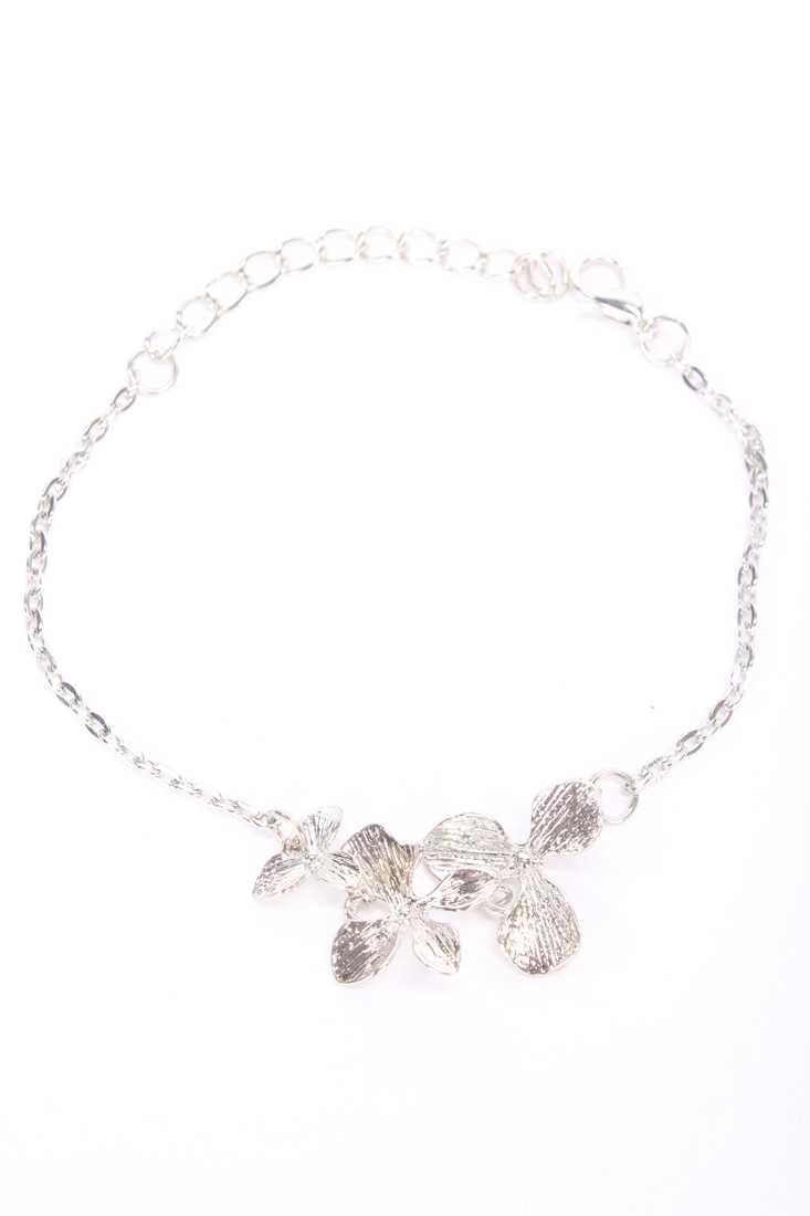 Silver High Polish Floral Accent Thin Chain Link Bracelet