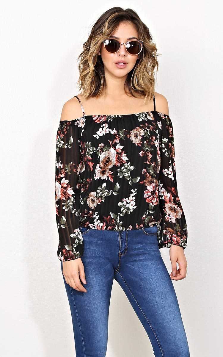 Kiana Floral Off Shoulder Top - Black Combo in Size by Styles For Less