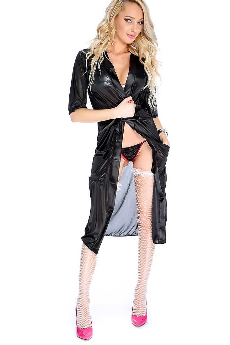 Sexy Black Quarter Sleeve Waist Tie Long Robe