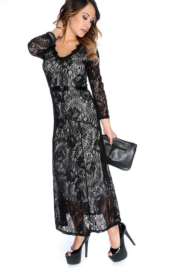 Black Floral Overlay Ribbon Detail Maxi Dress