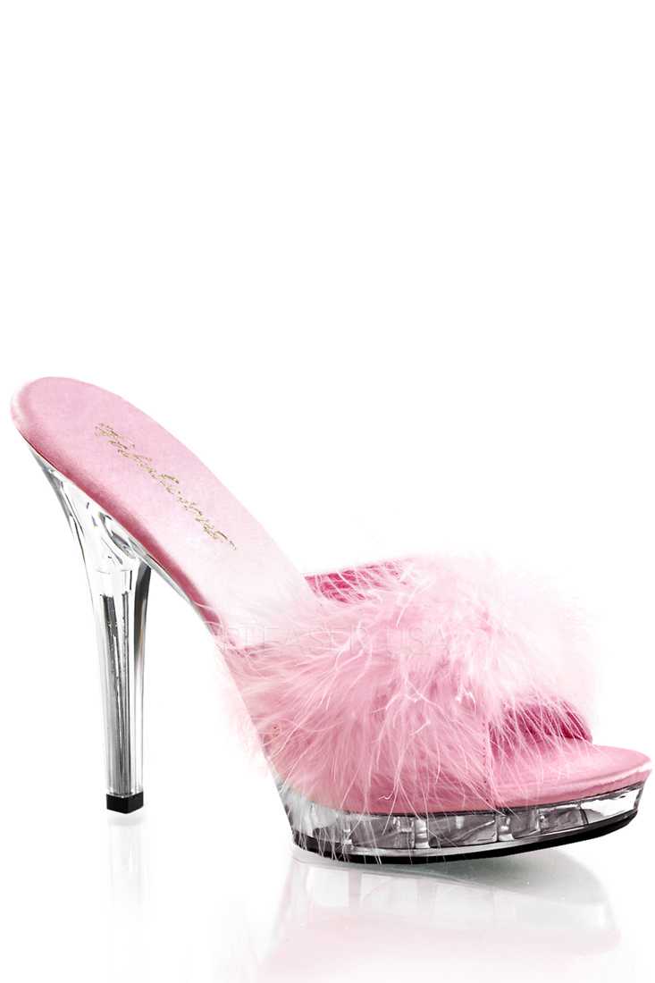 Baby Pink Marabou Faux Fur Slip On High Heels Satin
