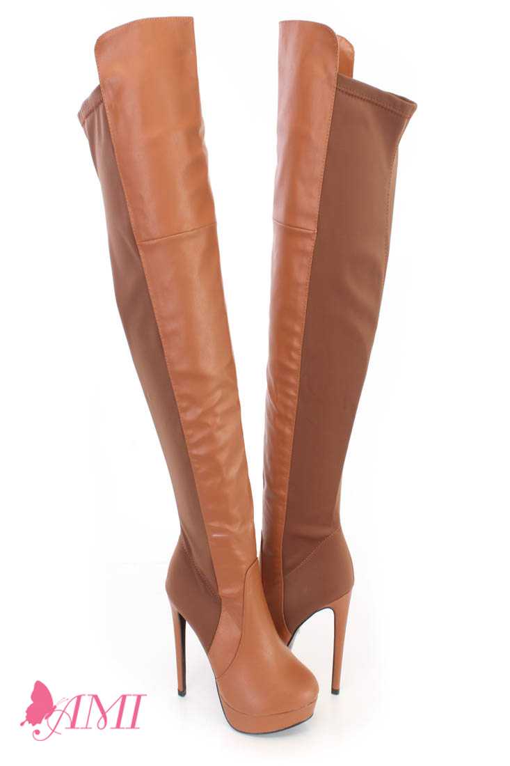 Cognac Thigh High Platform High Heel Boots Faux Leather