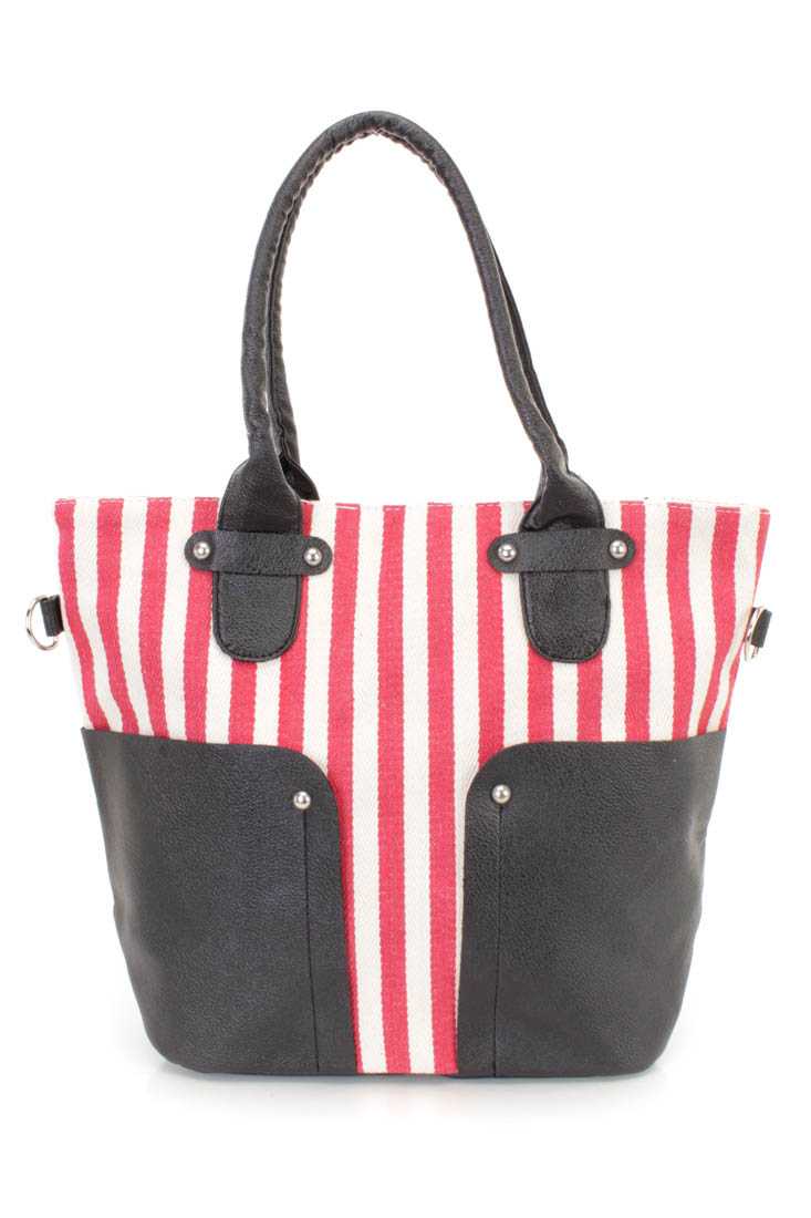 Red Black Striped Faux Leather Front Pockets Shoulder Handbag