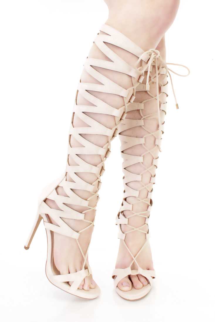 Nude Strappy Lace Up Gladiator Heels Faux Leather