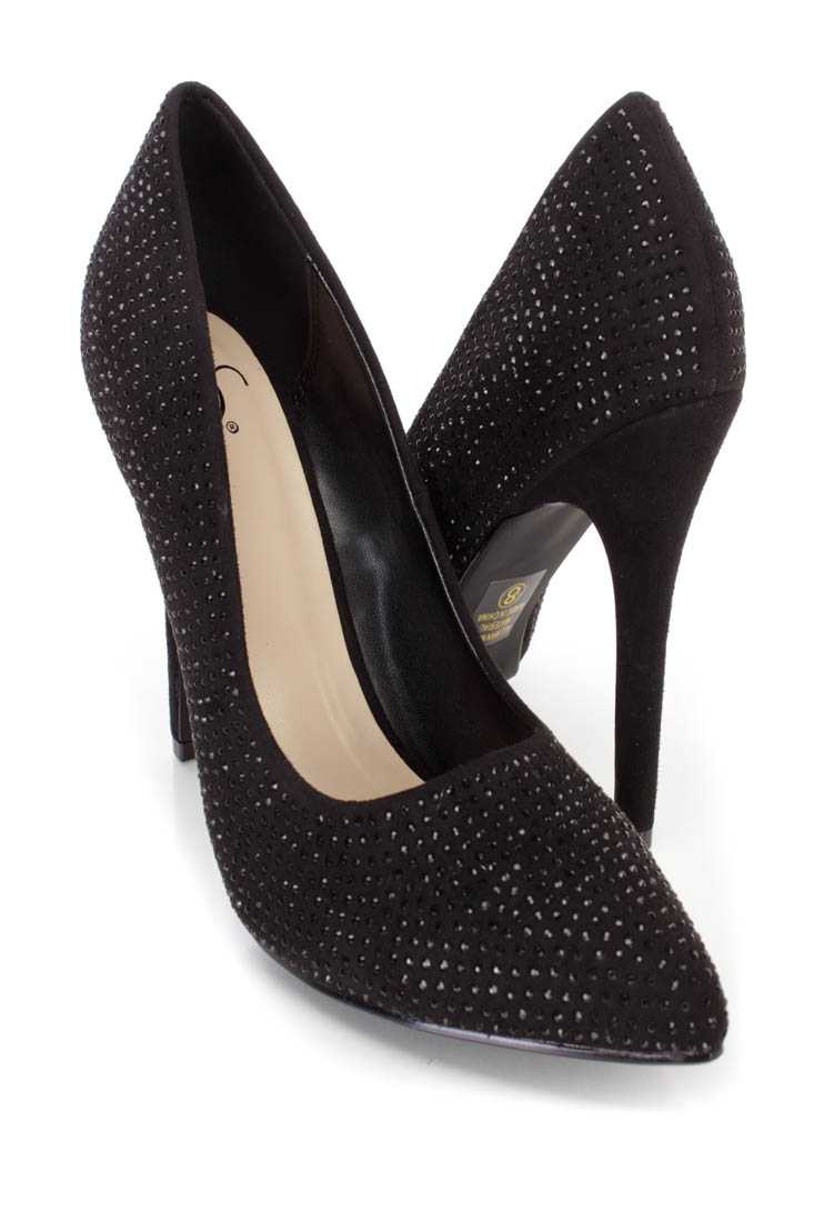 Black Rhinestone Single Sole Pump High Heels Faux Suede