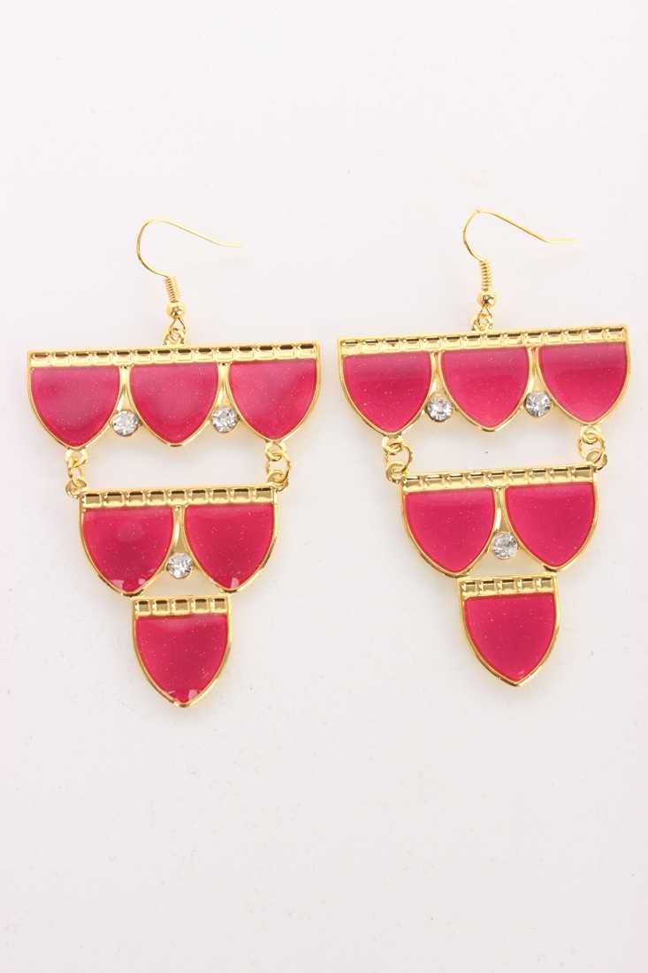 Fuchsia High Polish Droopy Rhinestone Accent Chandelier Earrings