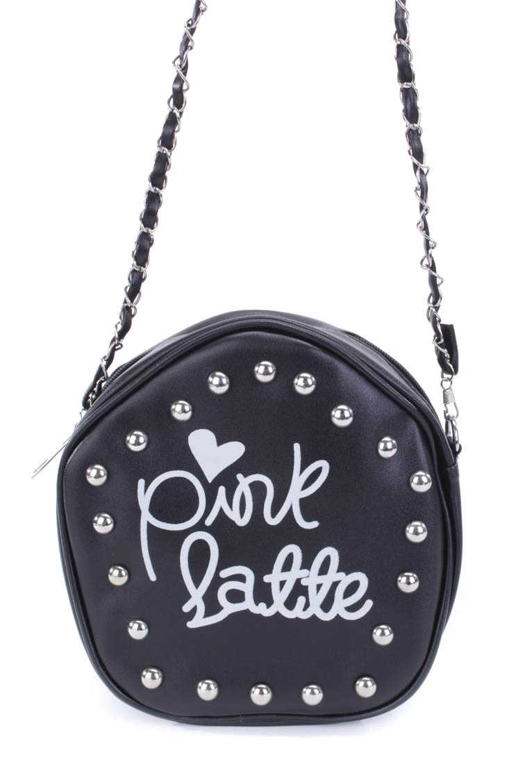 Black Faux Leather Graphic Print Studded Handbag