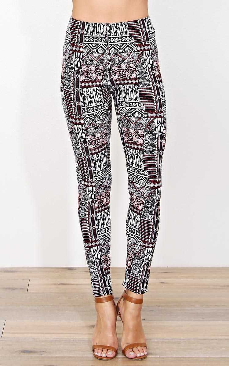 Tribal Patchwork Knit Leggings - N/S - Wine Combo by Styles For Less
