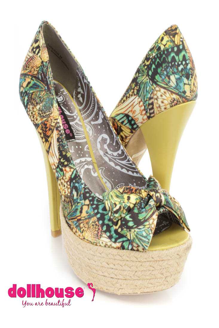 Yellow Butterfly Print 6 Inch High Heels Fabric